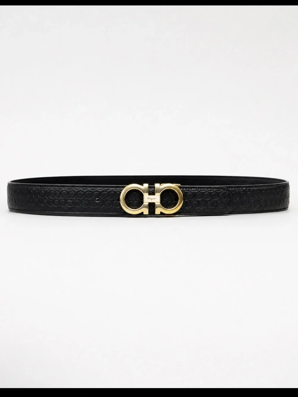 Salvatore Ferragamo Black embossed Leather Belt with Gold Gancini Buckle